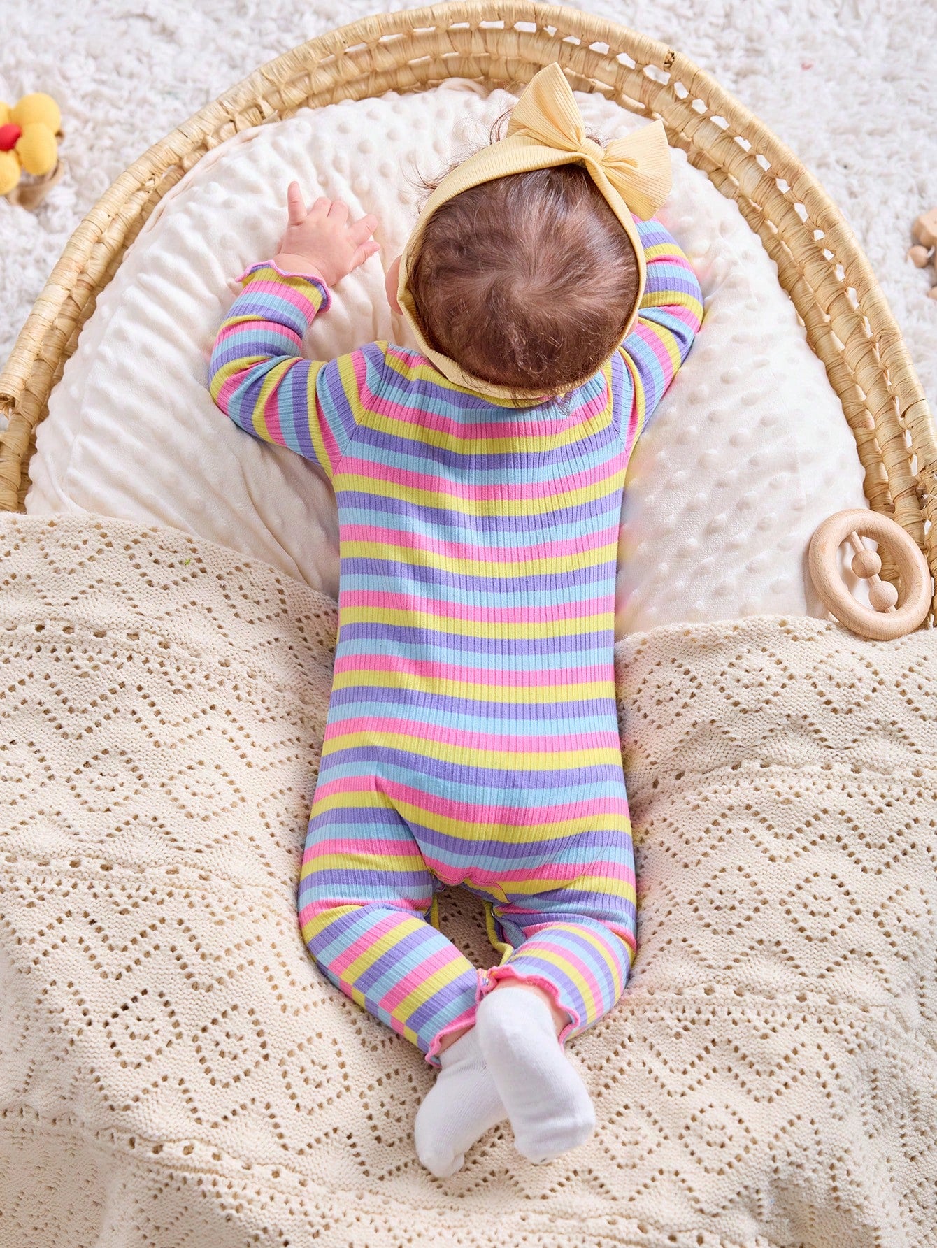 Newborn Baby Girl Colorful Striped Long Sleeve Romper & Headband Set, Autumn/Winter