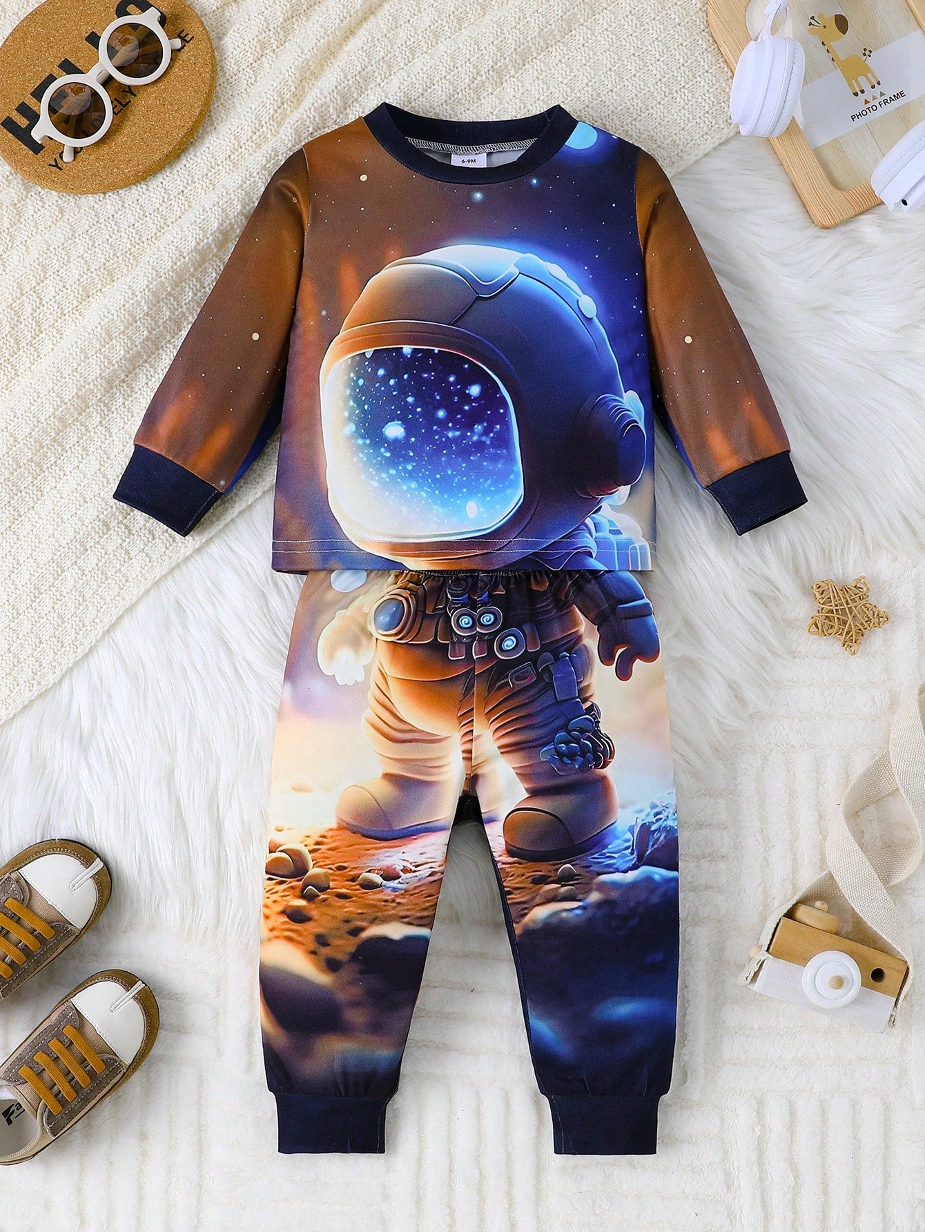 Baby Boys Fashion Round Neck Long Sleeve Astronaut & Space Universe Print Top + Pants Set