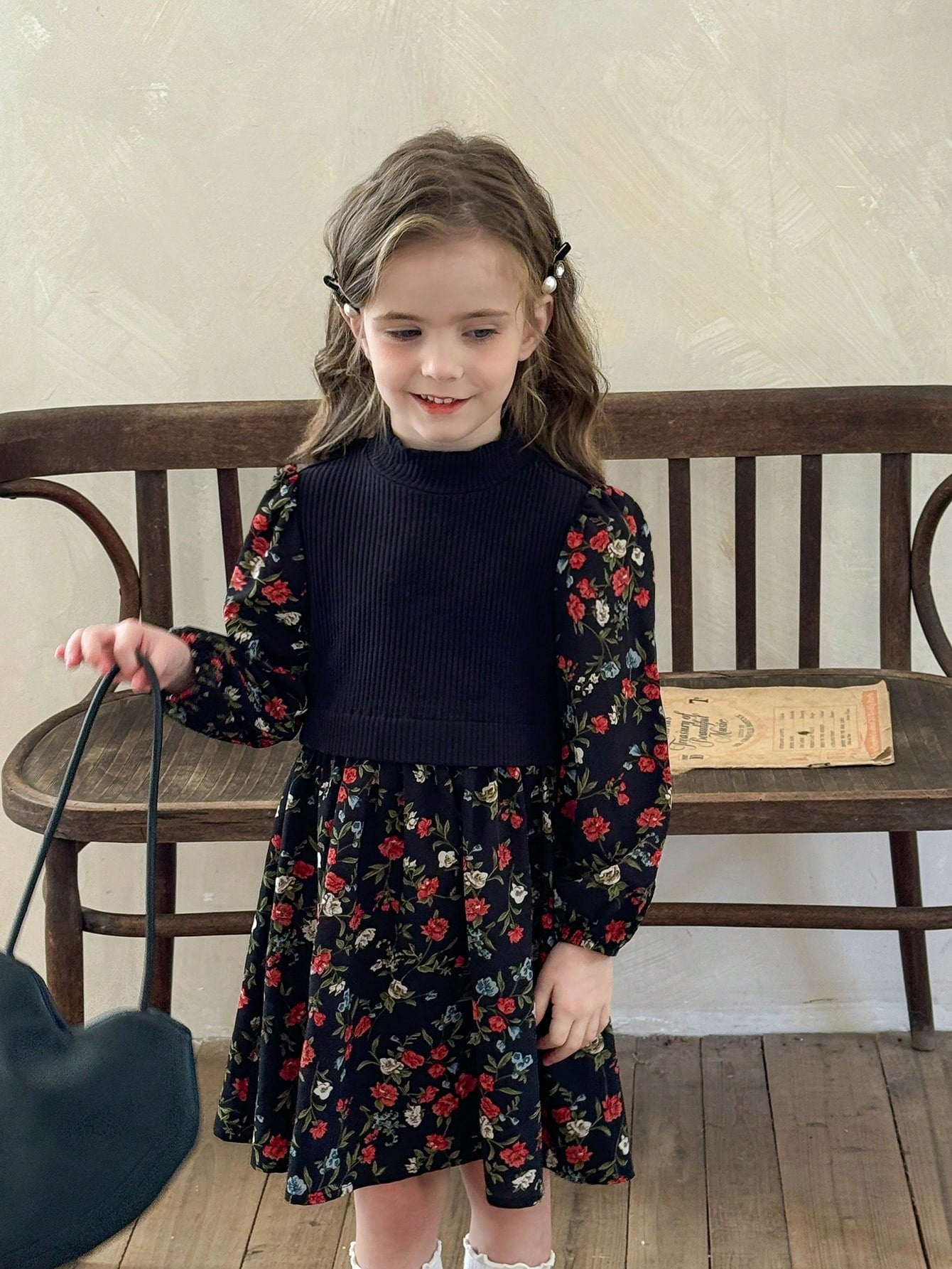 Young Girl Knitted Solid Mock Neck Patchwork Chiffon Floral Puff Sleeve Dress