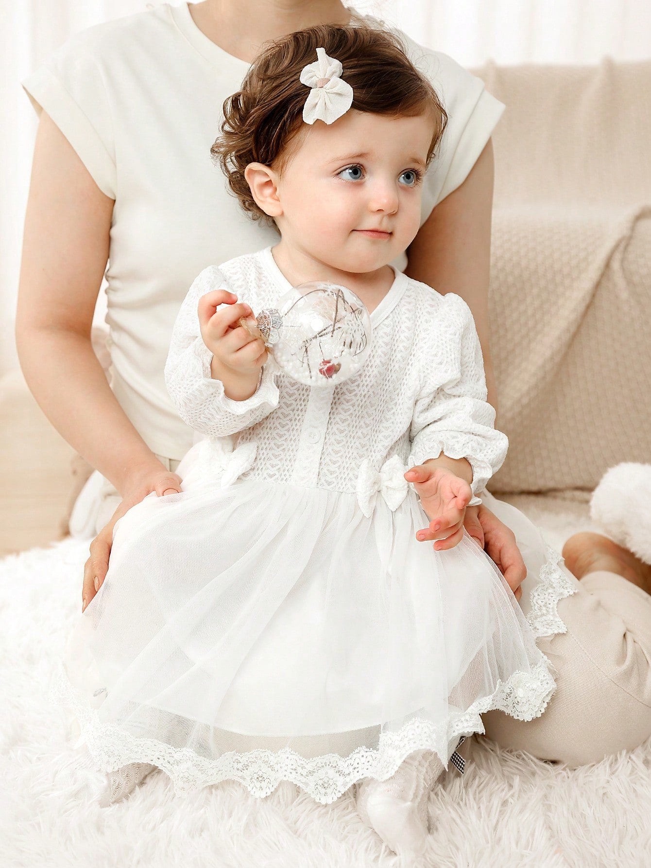 Newborn Baby Girls Solid Color Long Sleeve Dress With Bow Waist Decor