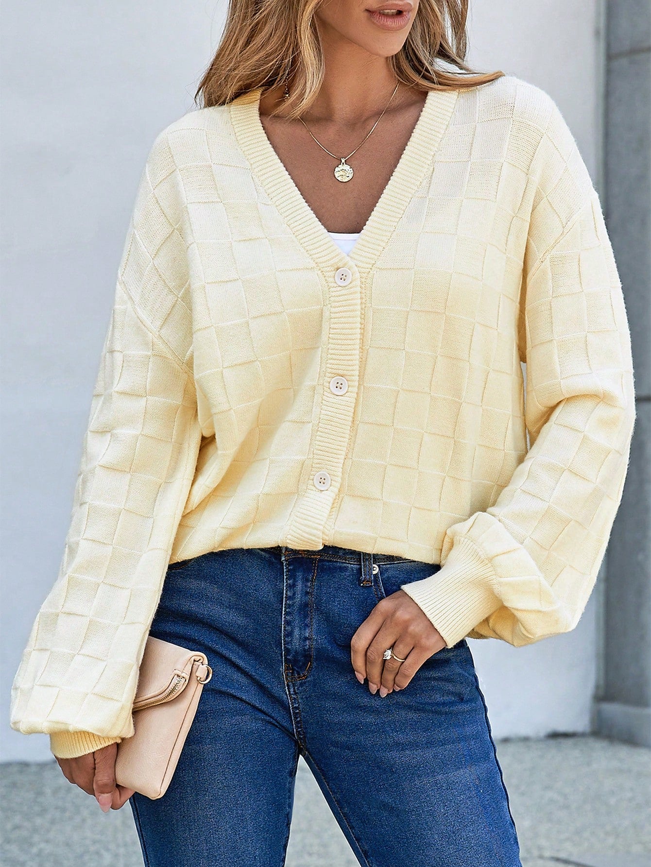 Womens Cropped Chunky Cardigans Sweaters Trendy Lightweight Long Sleeve Checkered Knit Open Front Button Tops Outfits