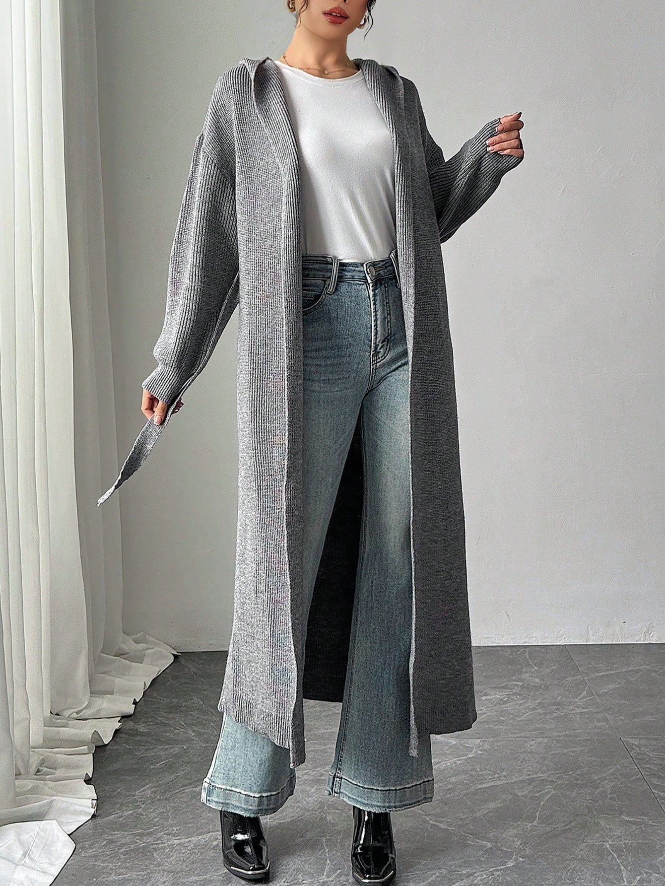 Women Hooded Long Cardigan Sweater, Grey