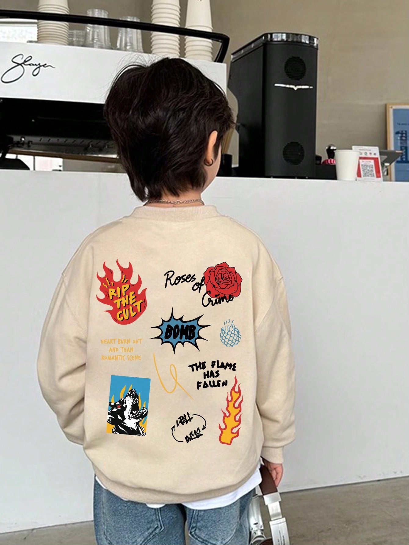 Boys Casual Sports Flame Graffiti Cartoon Doberman Dog Head & Letter Round Neck Pullover Hoodie