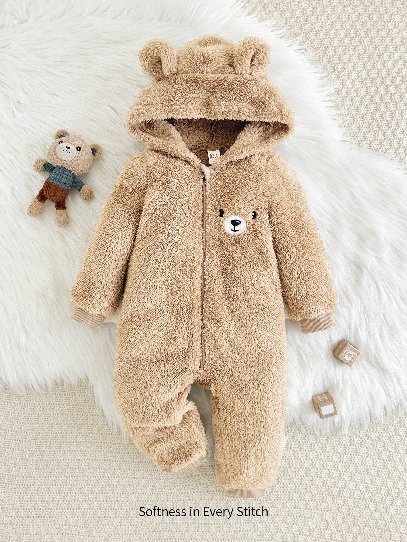 Cozy Pixies Baby Boy Cartoon Rabbit Ear Hoodie & Thick Jumpsuit Pants Set