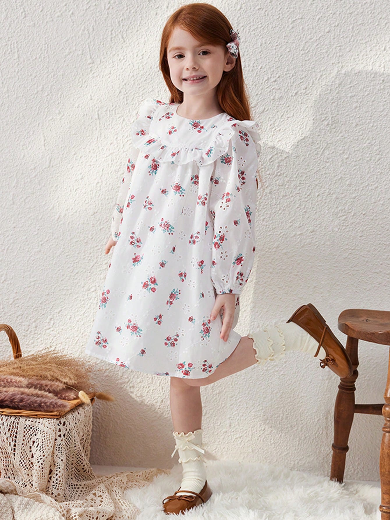 Young Girls French Elegant White Background Red Floral Print Loose Woven Dress, Autumn/Winter