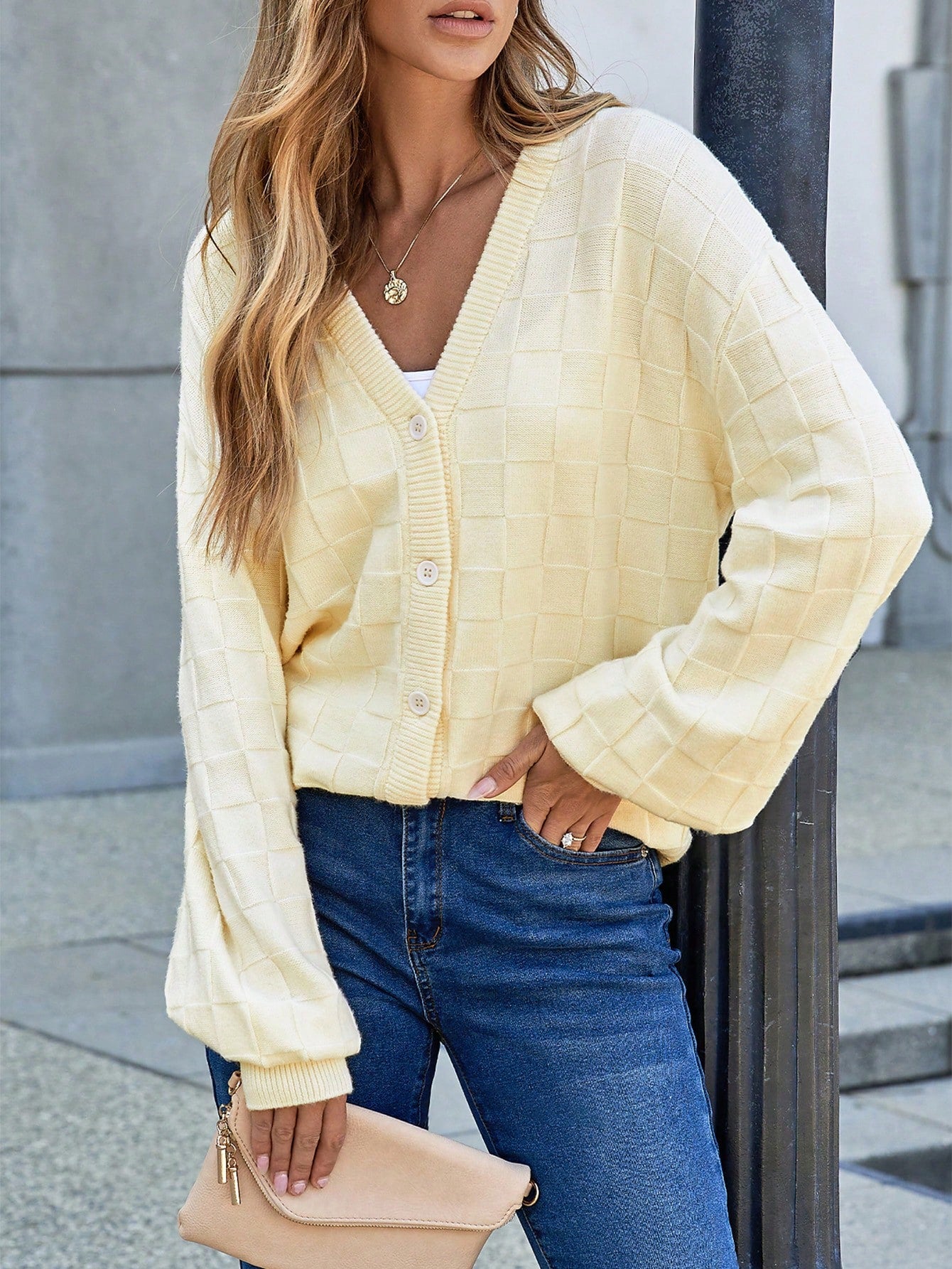 Womens Cropped Chunky Cardigans Sweaters Trendy Lightweight Long Sleeve Checkered Knit Open Front Button Tops Outfits