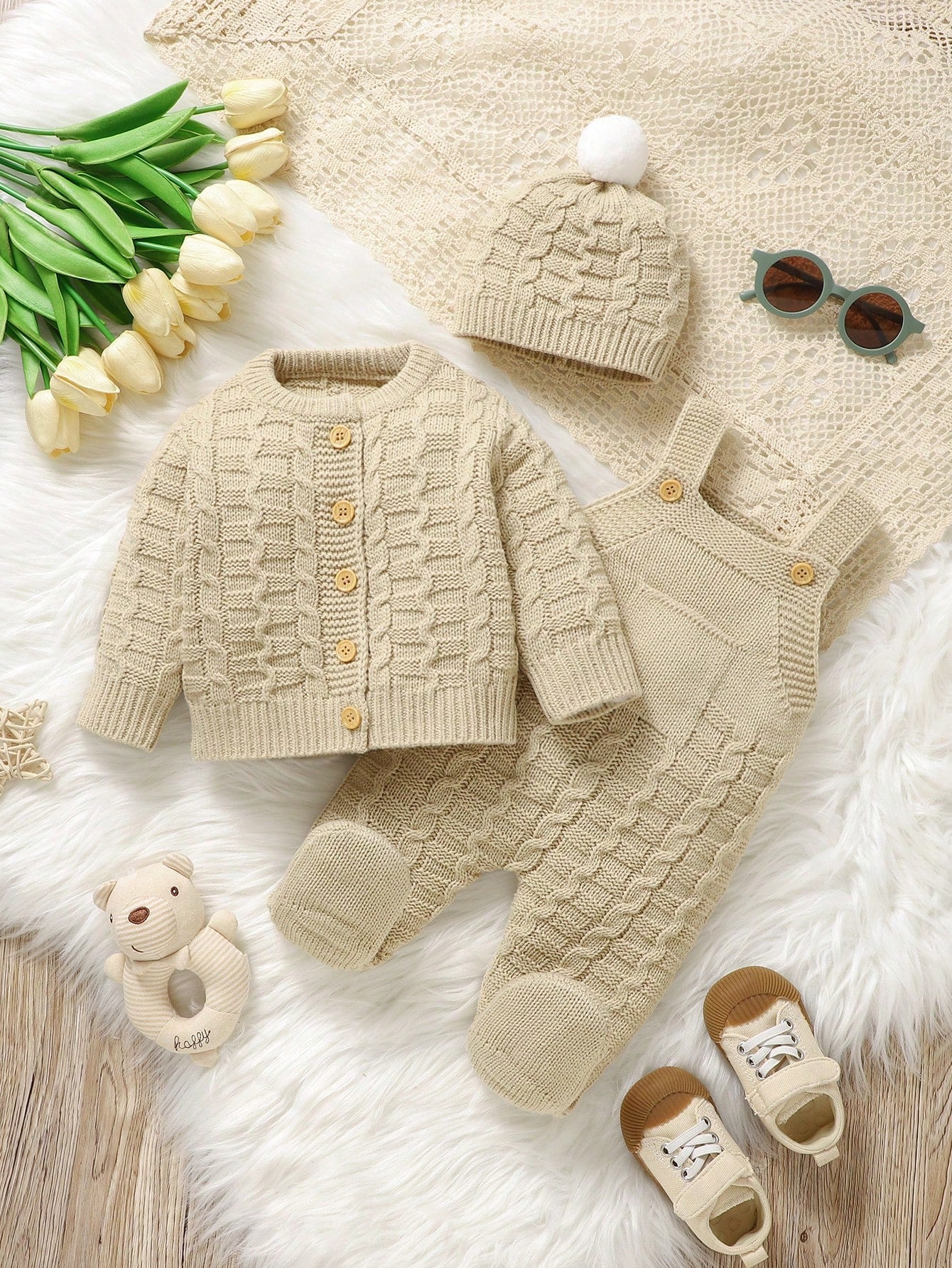 3pcs Newborn Baby Knit Set: Comfortable Minimalist Round Neck Long Sleeve Cardigan Coat