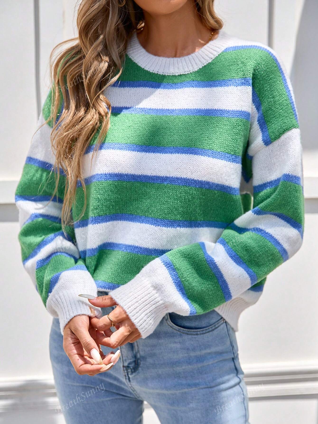 Women Off-Shoulder Long Sleeve Minimalist Colorblock Round Neck Sweater, Autumn/Winter
