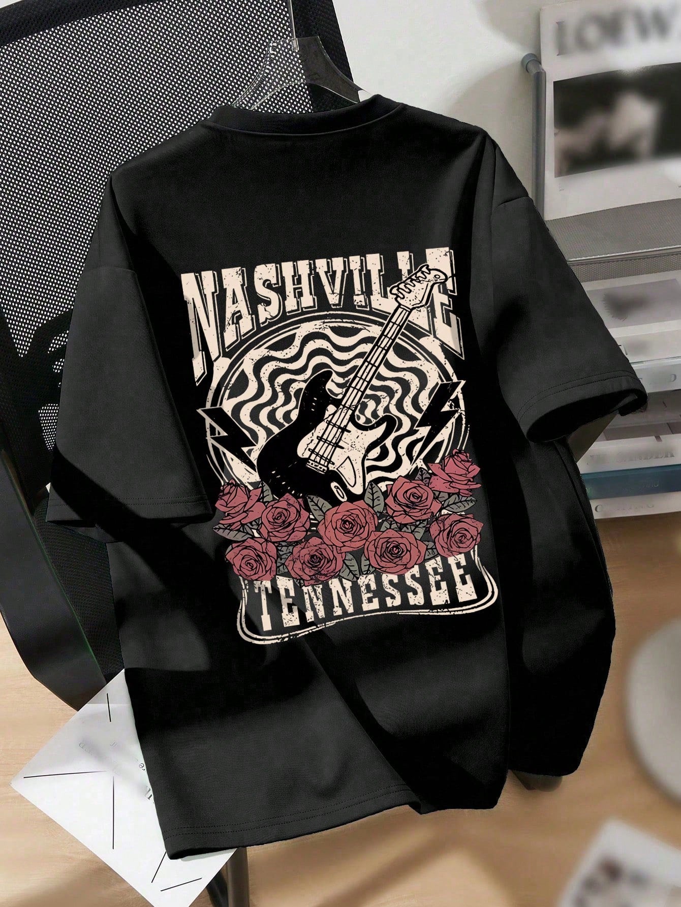 Teen Boy Street Trend Guitar Rose Print Round Neck Short Sleeved T-Shirt Spring And Summer
